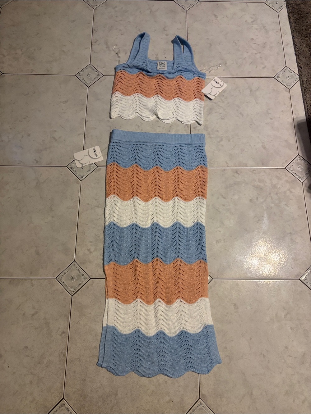 Striped Knit A-Line Maxi Skirt in Blue, Peach & White